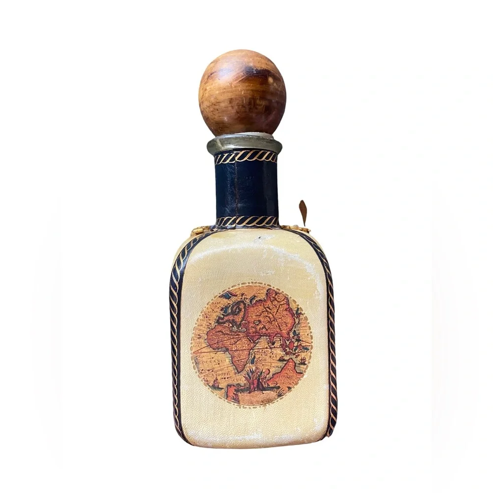 Vintage Italian Leather Wrapped‎ Glass Nautical Theme Decanter w/Wooden Stopper